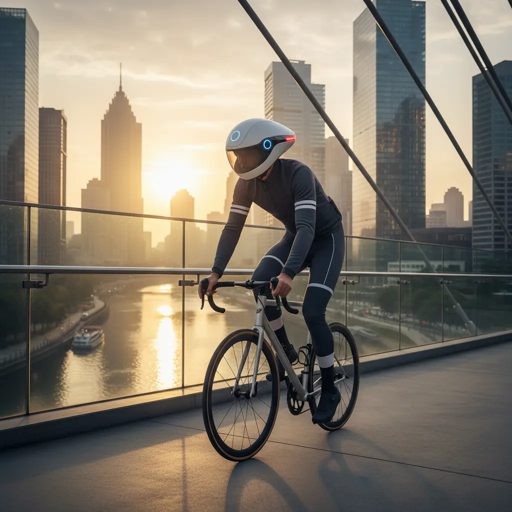 Cyclist on a city bridge wearing a smart helmet
