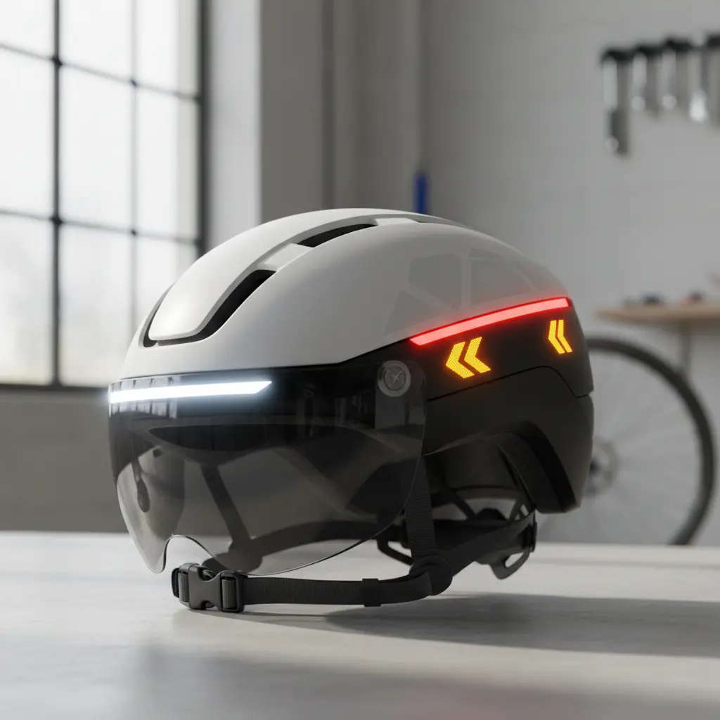 Detailed view of a smart helmet with turn signals