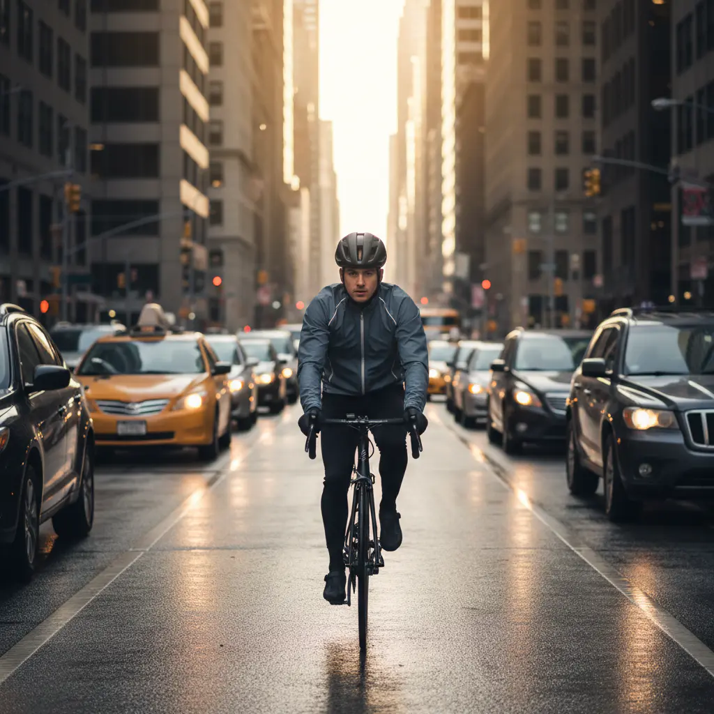 Urban rider navigating traffic safely